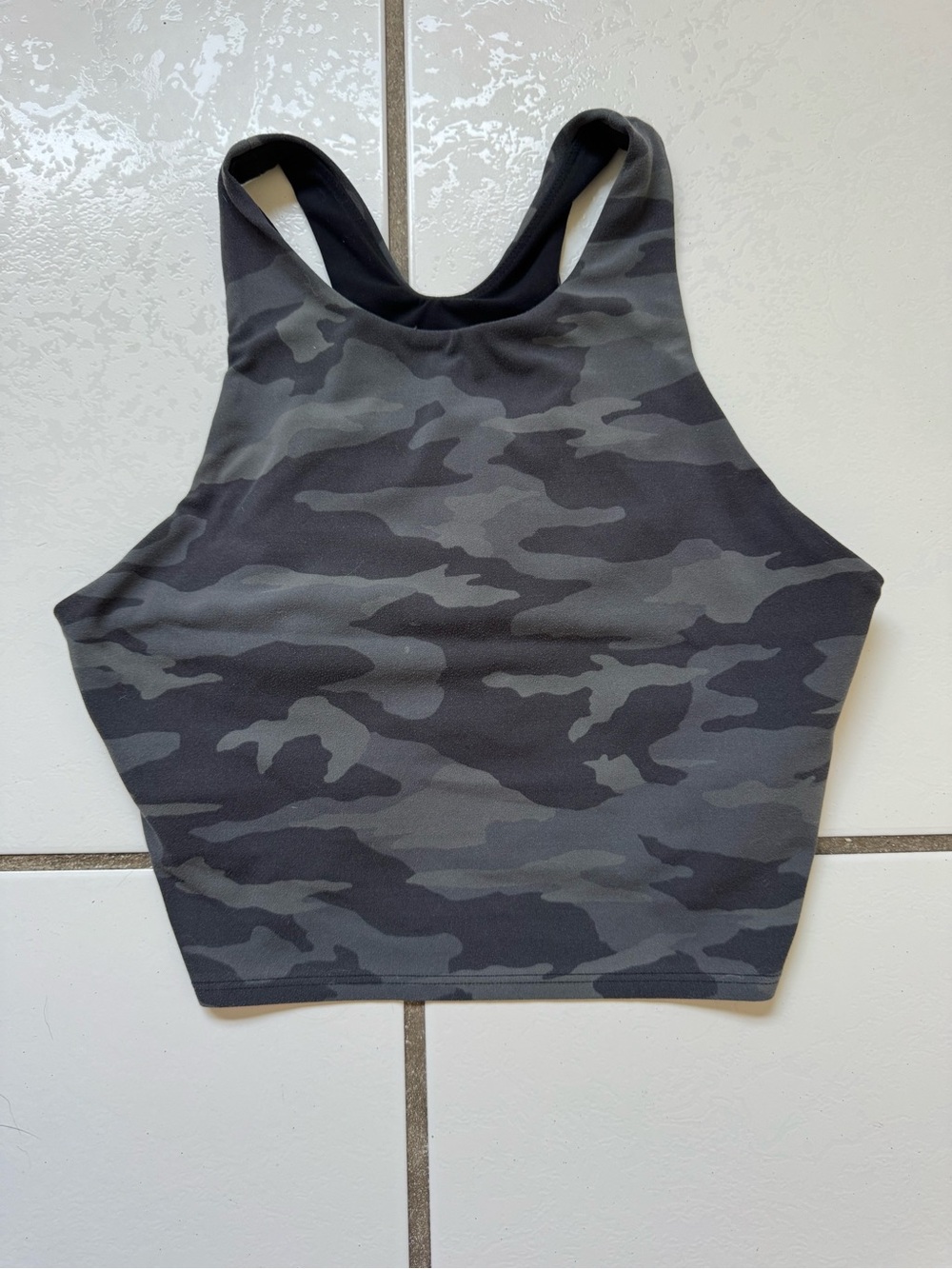 Athleta Black & Grey Camo High-Neck Crop Tank